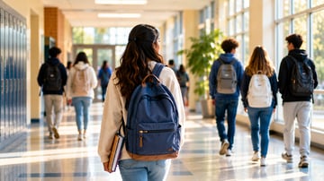 Student carrying a backpack walks through a bright school hallway as other students move between classes, representing the transition to a new school environment.