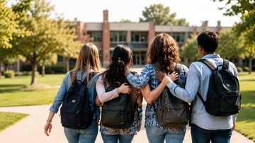 Students with their arms around each other outside a school, representing connection and support.