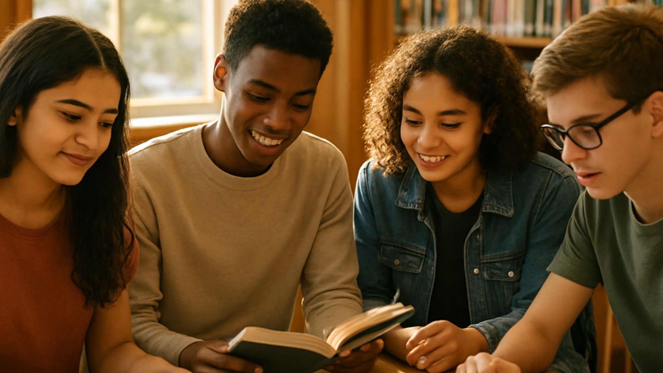 A diverse group of high school students engaging in a positive group discussion in a bright school library, representing the collaborative implementation of K-12 mental health learning standards.