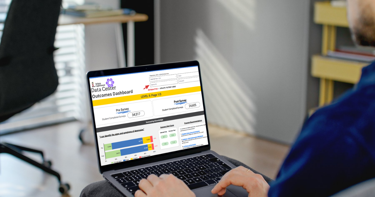 K-12 educator reviewing student mental health data on the Erika’s Lighthouse Data Center dashboard on a laptop in a school setting